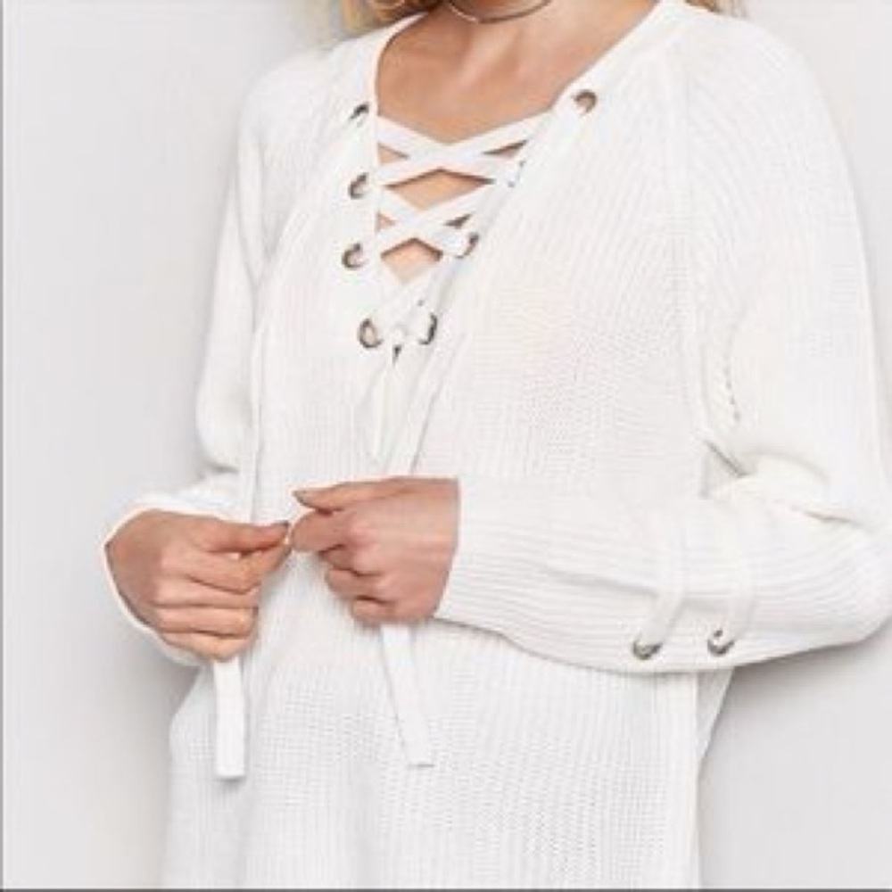 Forever 21 White V-Neck Lace-Up Sweater